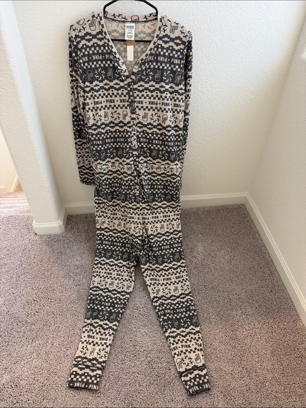PINK Victoria's Secret Black and Cream Fair Isle One-Piece Pajama